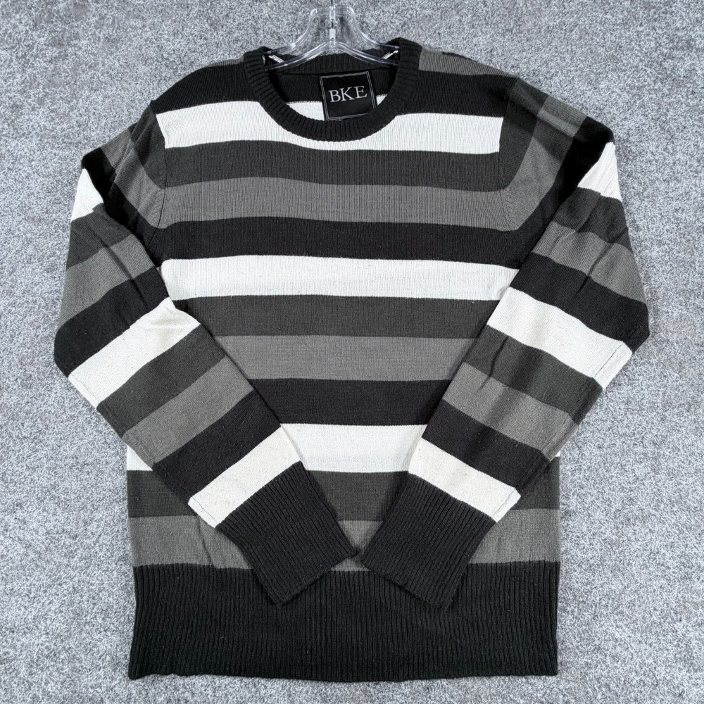 BKE Pullover Sweater Mens L Black Gray White Striped Classic Office Wear Preppy